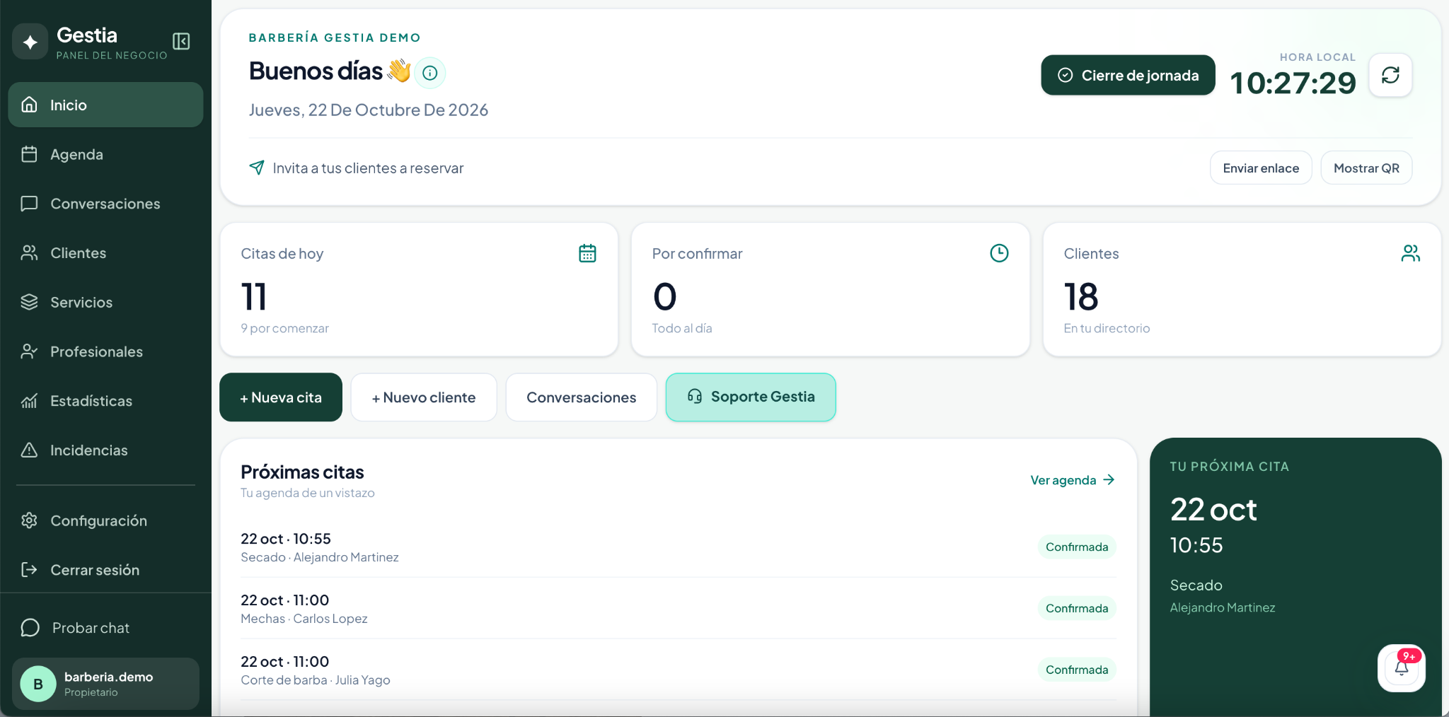 Captura auténtica de Gestia Negocios en el panel de inicio